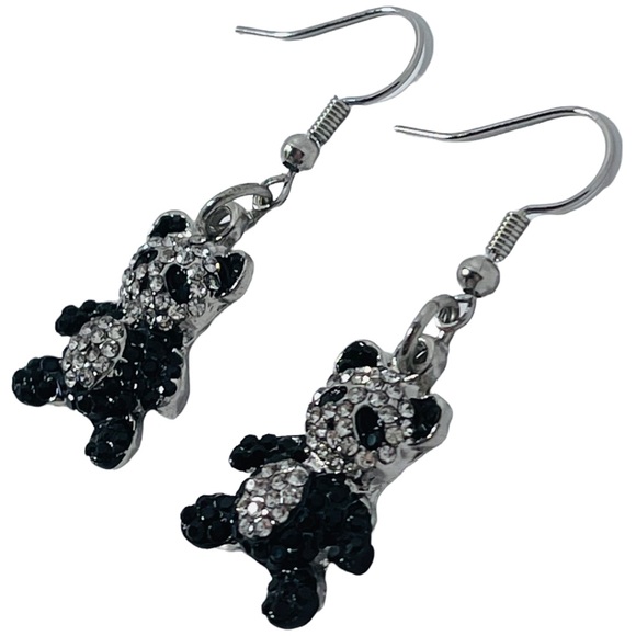 Black & silver sparkly panda charms with rhinestones earrings NEW - Picture 2 of 7